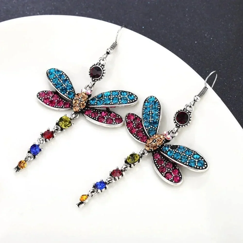 Multi Color Dragonfly Crystal Rhinestone Silver Plated Hook Earrings, V…